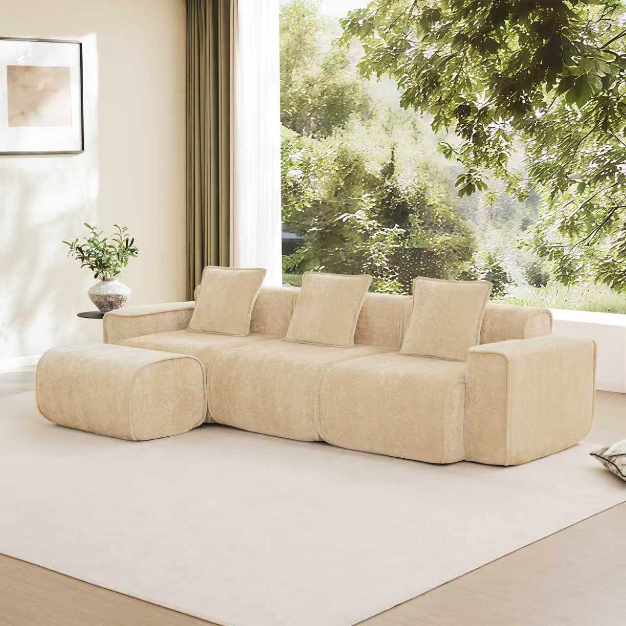 Streamlined Design Modular 3 Seat L Shape Sectional Boneless Sofa with French Edge Piping, No Assembly Required, 3-Seat Sofa Couch with Throw Pillows and 1 Movable Ottoman, Velvet Fabric Light Camel