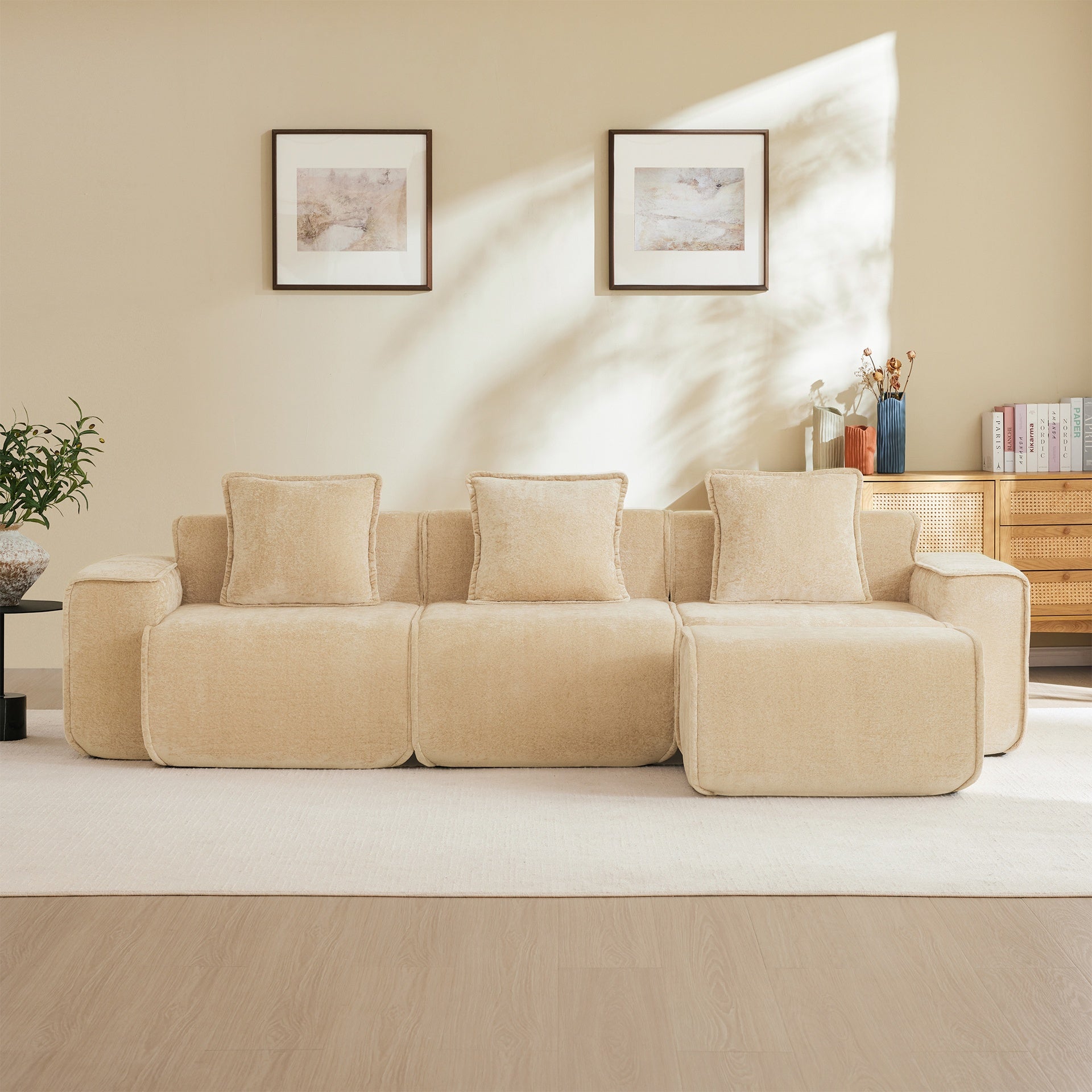 Streamlined Design Modular 3 Seat L Shape Sectional Boneless Sofa with French Edge Piping, No Assembly Required, 3-Seat Sofa Couch with Throw Pillows and 1 Movable Ottoman, Velvet Fabric Light Camel