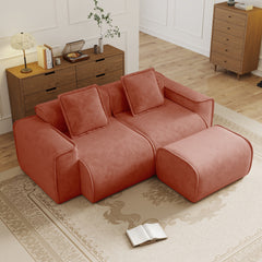 Streamlined Design Modular 2 Seat L Shape Sectional Boneless Sofa with French Edge Piping, No Assembly Required, 2-Seat Sofa Couch with Throw Pillows and 1 Movable Ottoman, Velvet Fabric Red