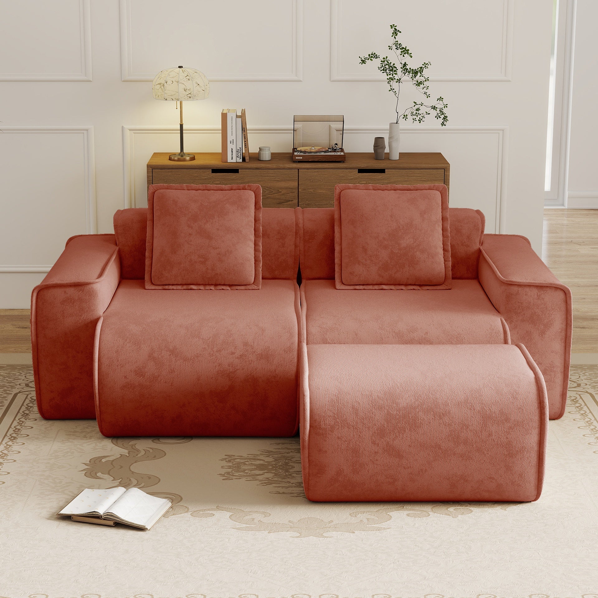 Streamlined Design Modular 2 Seat L Shape Sectional Boneless Sofa with French Edge Piping, No Assembly Required, 2-Seat Sofa Couch with Throw Pillows and 1 Movable Ottoman, Velvet Fabric Red
