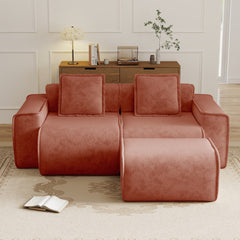 Streamlined Design Modular 2 Seat L Shape Sectional Boneless Sofa with French Edge Piping, No Assembly Required, 2-Seat Sofa Couch with Throw Pillows and 1 Movable Ottoman, Velvet Fabric Red