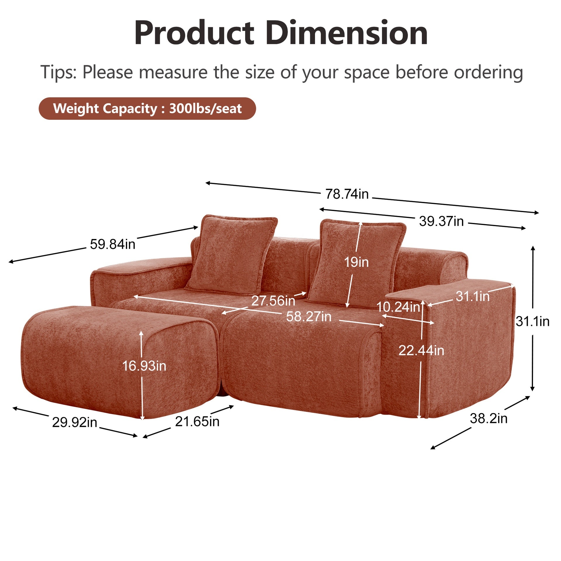 Streamlined Design Modular 2 Seat L Shape Sectional Boneless Sofa with French Edge Piping, No Assembly Required, 2-Seat Sofa Couch with Throw Pillows and 1 Movable Ottoman, Velvet Fabric Red