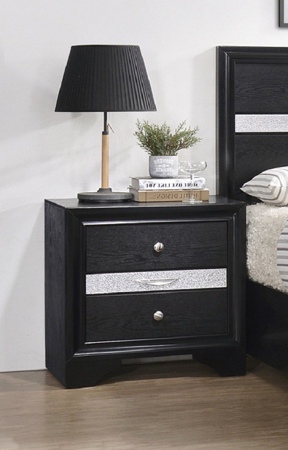 Modern Luxury 1pc Glam 2-Drawer Nightstand End Table Pullout Jeweler Tray Silver Panel Bedroom Solid Wood Wooden Furniture
