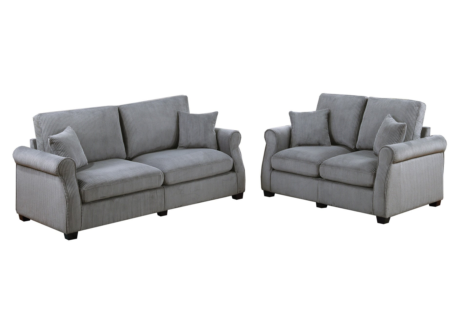 Contemporary Style 2pc Sofa Set Luxurious Corduroy Upholstered Cushion Back Seat Wooden Legs Fog Finish Primary Living Room Matching Pillow Included