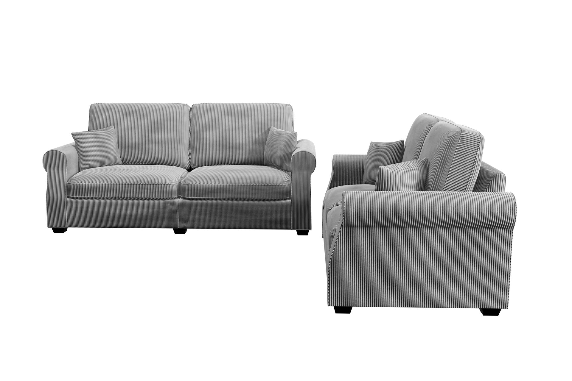 Contemporary Style 2pc Sofa Set Luxurious Corduroy Upholstered Cushion Back Seat Wooden Legs Fog Finish Primary Living Room Matching Pillow Included