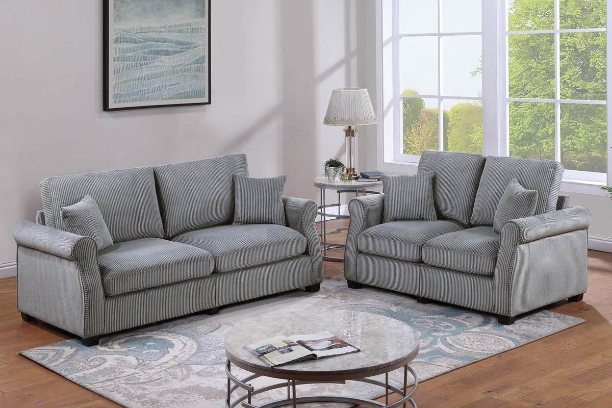 Contemporary Style 2pc Sofa Set Luxurious Corduroy Upholstered Cushion Back Seat Wooden Legs Fog Finish Primary Living Room Matching Pillow Included