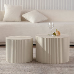 Beige Nesting Coffee Table Set of 2 Modern Drum Side Table End Table Wave Stripe Round Coffee Table for Living Room