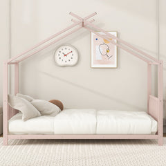 Twin Size Metal House Platform Bed, Pink