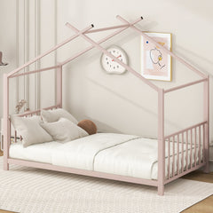 Twin Size Metal House Platform Bed, Pink