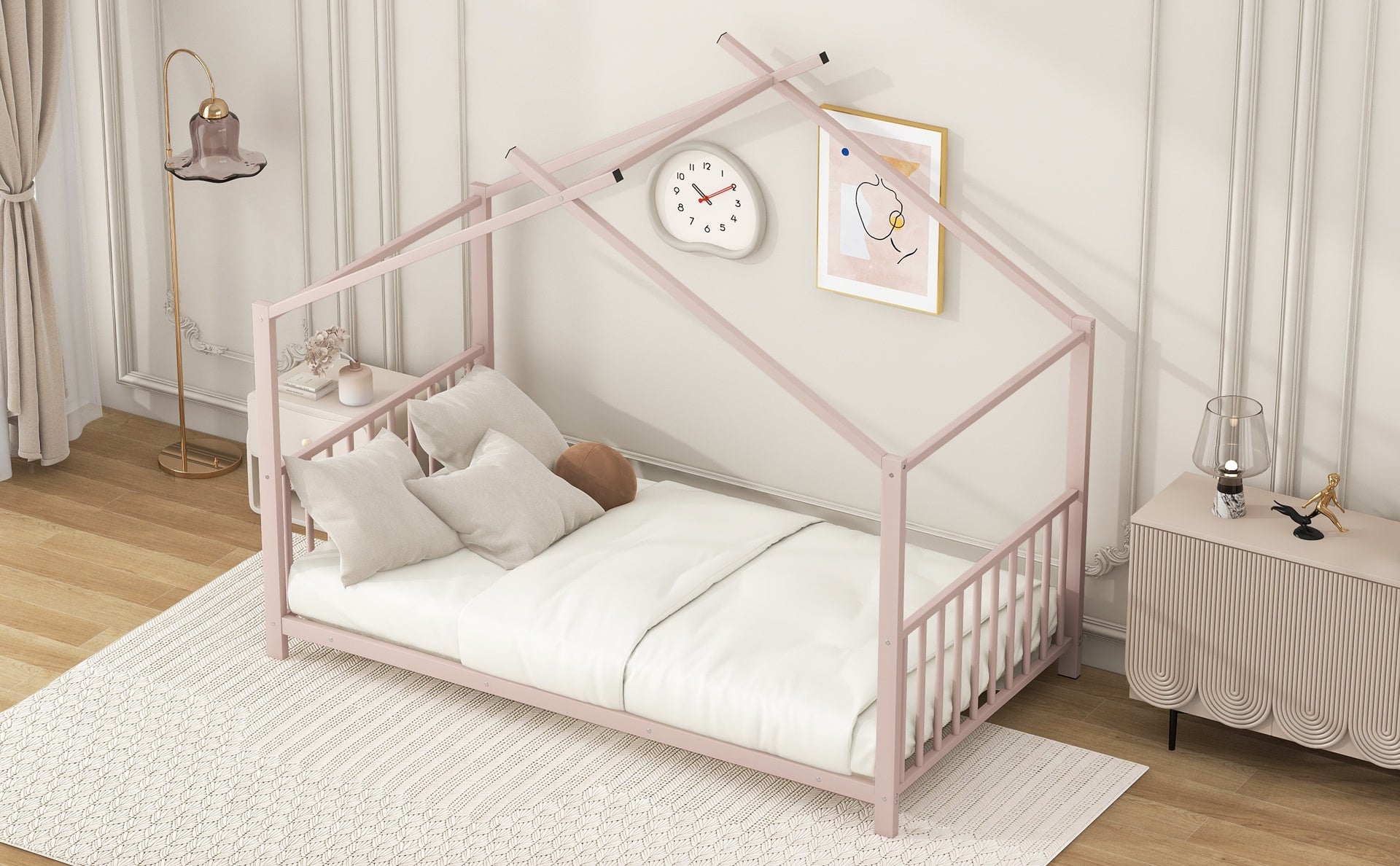 Twin Size Metal House Platform Bed, Pink
