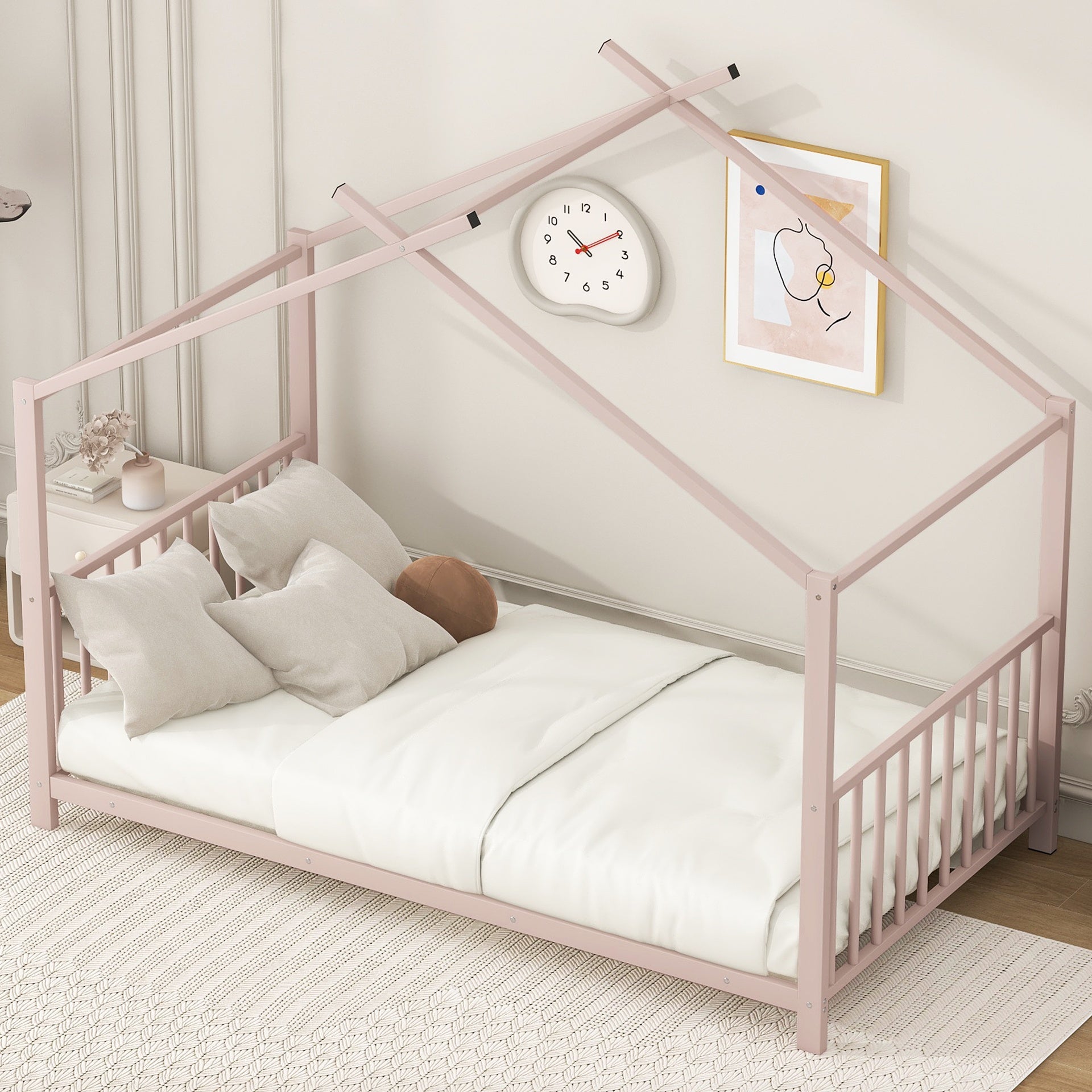 Twin Size Metal House Platform Bed, Pink