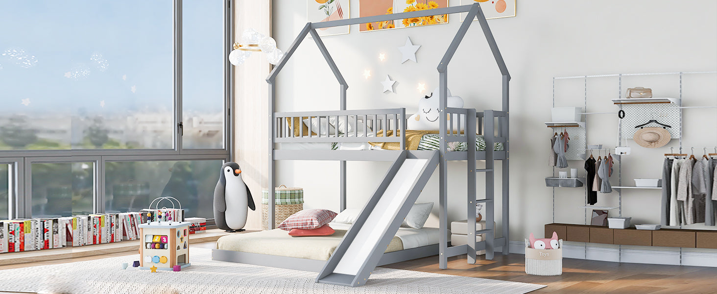 Twin over Full House Bunk Bed with Slide and Built-in Ladder, Full-Length Guardrail, Gray
