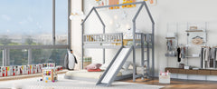 Twin over Full House Bunk Bed with Slide and Built-in Ladder, Full-Length Guardrail, Gray