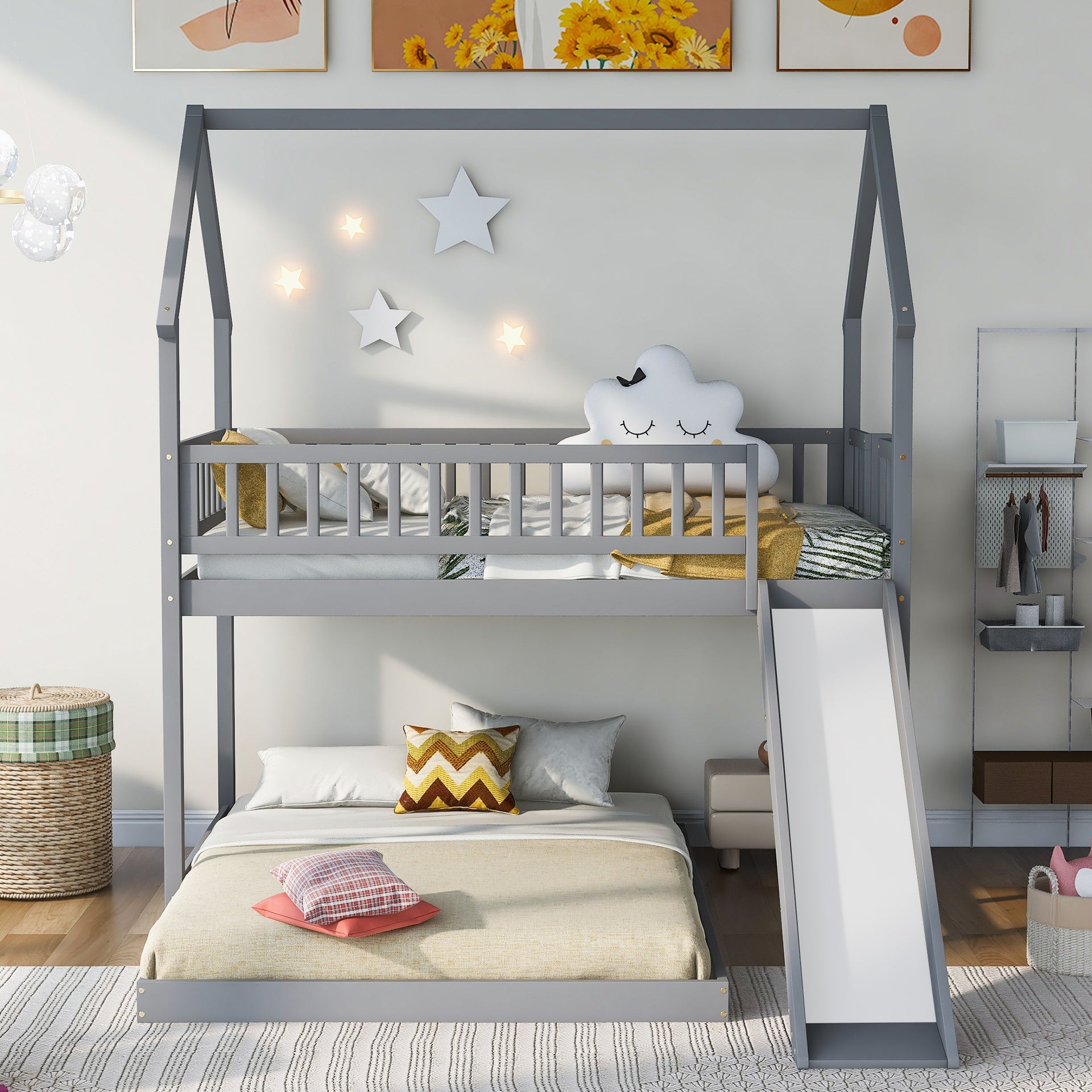 Twin over Full House Bunk Bed with Slide and Built-in Ladder, Full-Length Guardrail, Gray