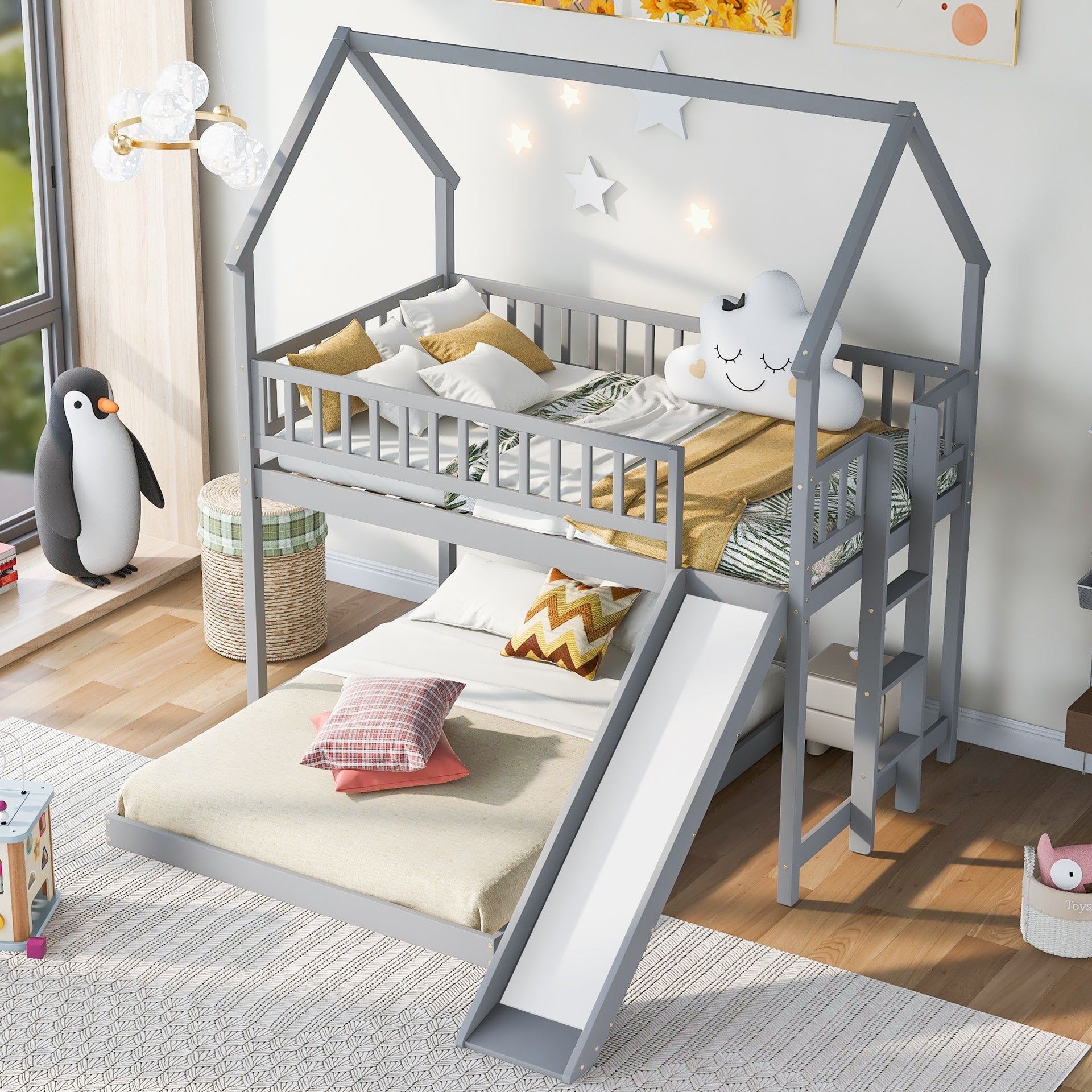 Twin over Full House Bunk Bed with Slide and Built-in Ladder, Full-Length Guardrail, Gray