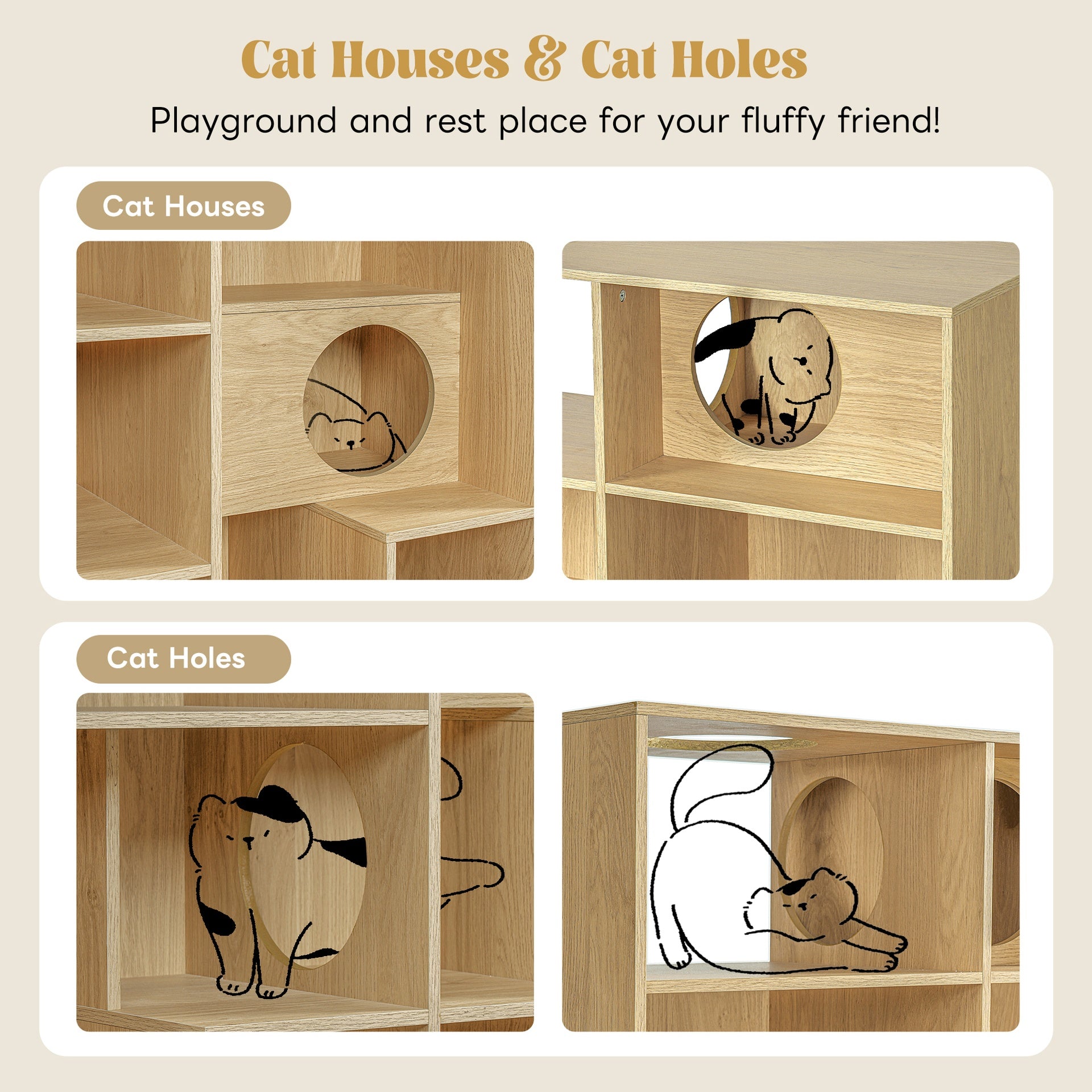 Modern 2 IN 1 Wood Bookshelf  Cat House, Cat Tree Display Case with Storage, Cat Litter Box Enclosure Climbing Shelf - NATURAL