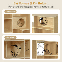 Modern 2 IN 1 Wood Bookshelf  Cat House, Cat Tree Display Case with Storage, Cat Litter Box Enclosure Climbing Shelf - NATURAL