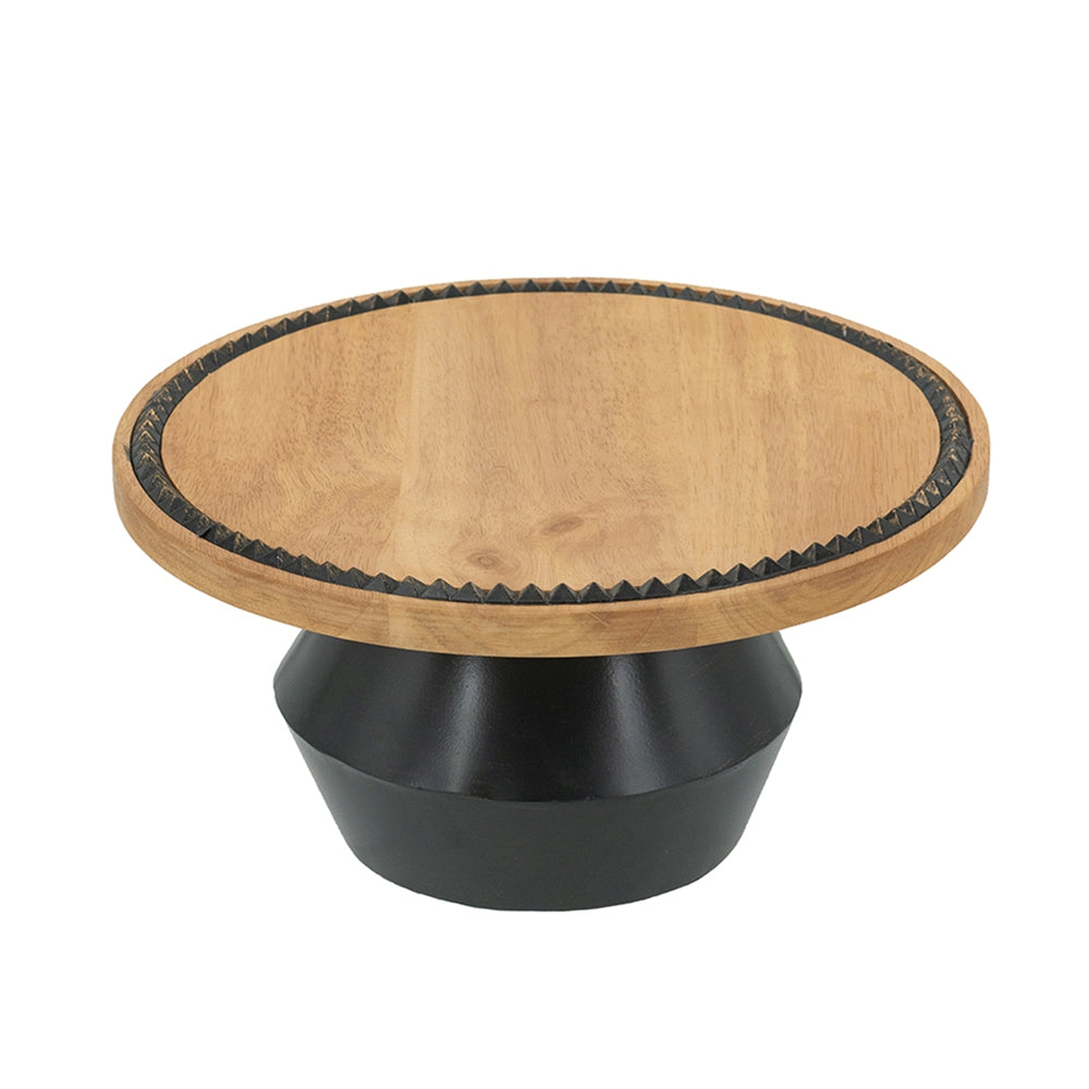 12x12x6" Round Wooden Pedestal Tray with Black Detailing and Sculptural Stand