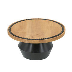12x12x6" Round Wooden Pedestal Tray with Black Detailing and Sculptural Stand