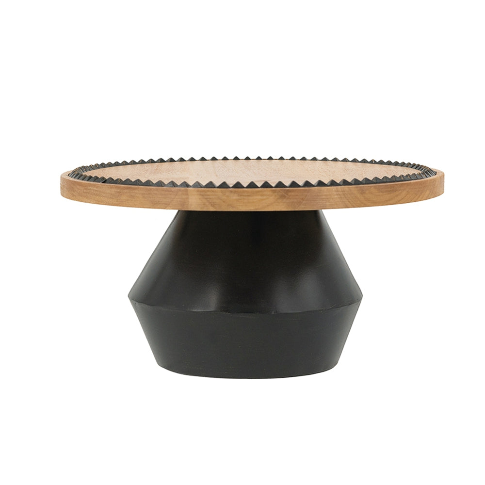 12x12x6" Round Wooden Pedestal Tray with Black Detailing and Sculptural Stand