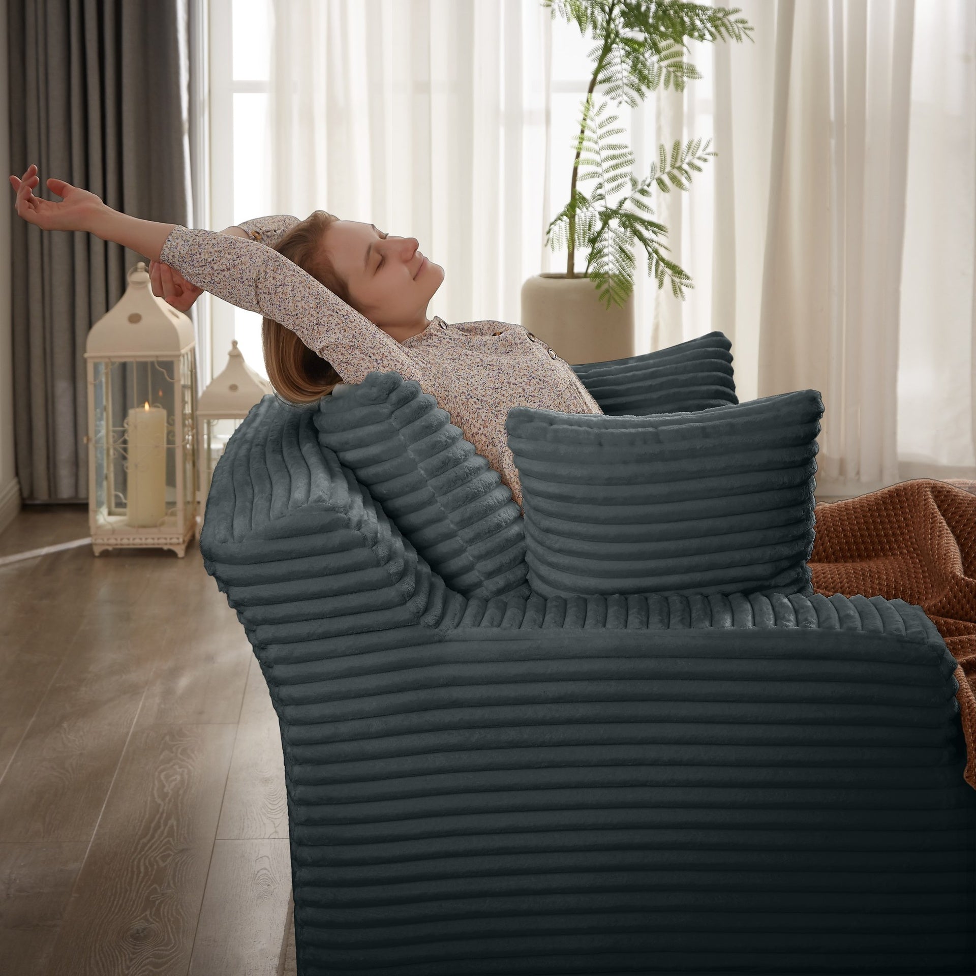 Oversized Chaise Lounge Chair Indoor, Corduroy Upholstered Modern Sofa Couch,No Assembly Required,Comfy Sleeper Sofa for Living Room,Office