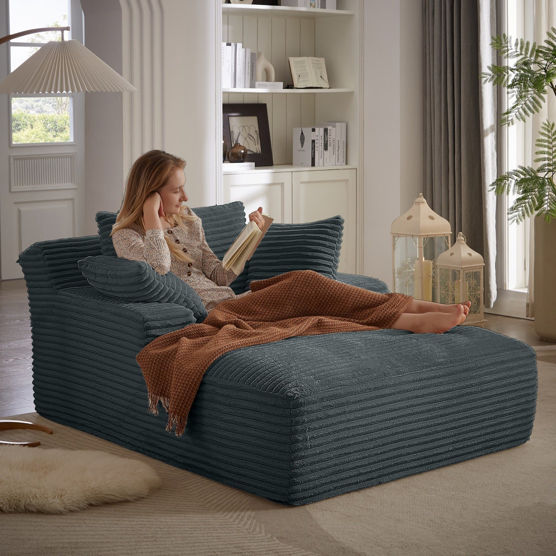 Oversized Chaise Lounge Chair Indoor, Corduroy Upholstered Modern Sofa Couch,No Assembly Required,Comfy Sleeper Sofa for Living Room,Office