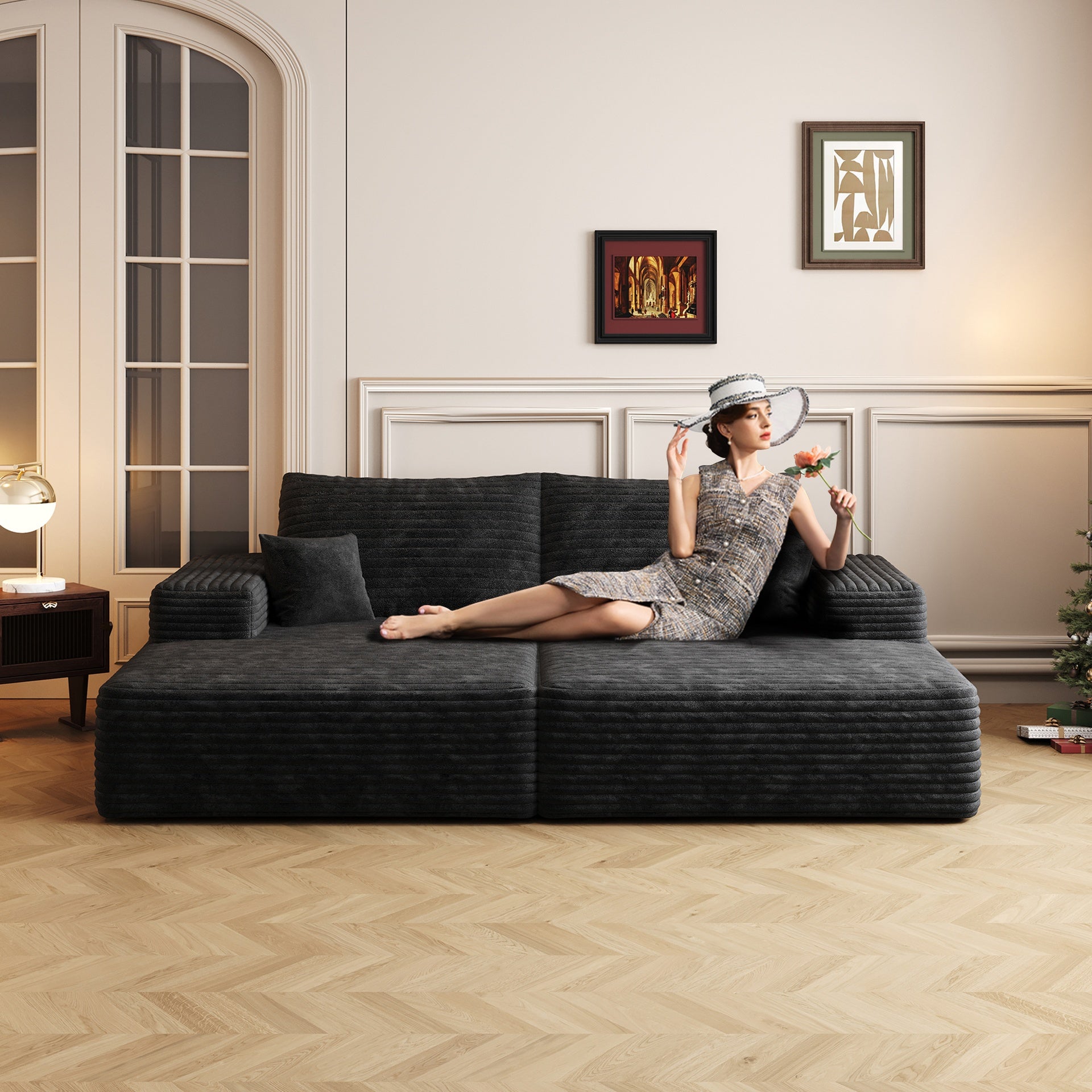 74.8" Modern Sofa bed With Dual sleeper, lounger for moviebonus room,No Assembly Required,Black (Plush Corduroy Fabric)