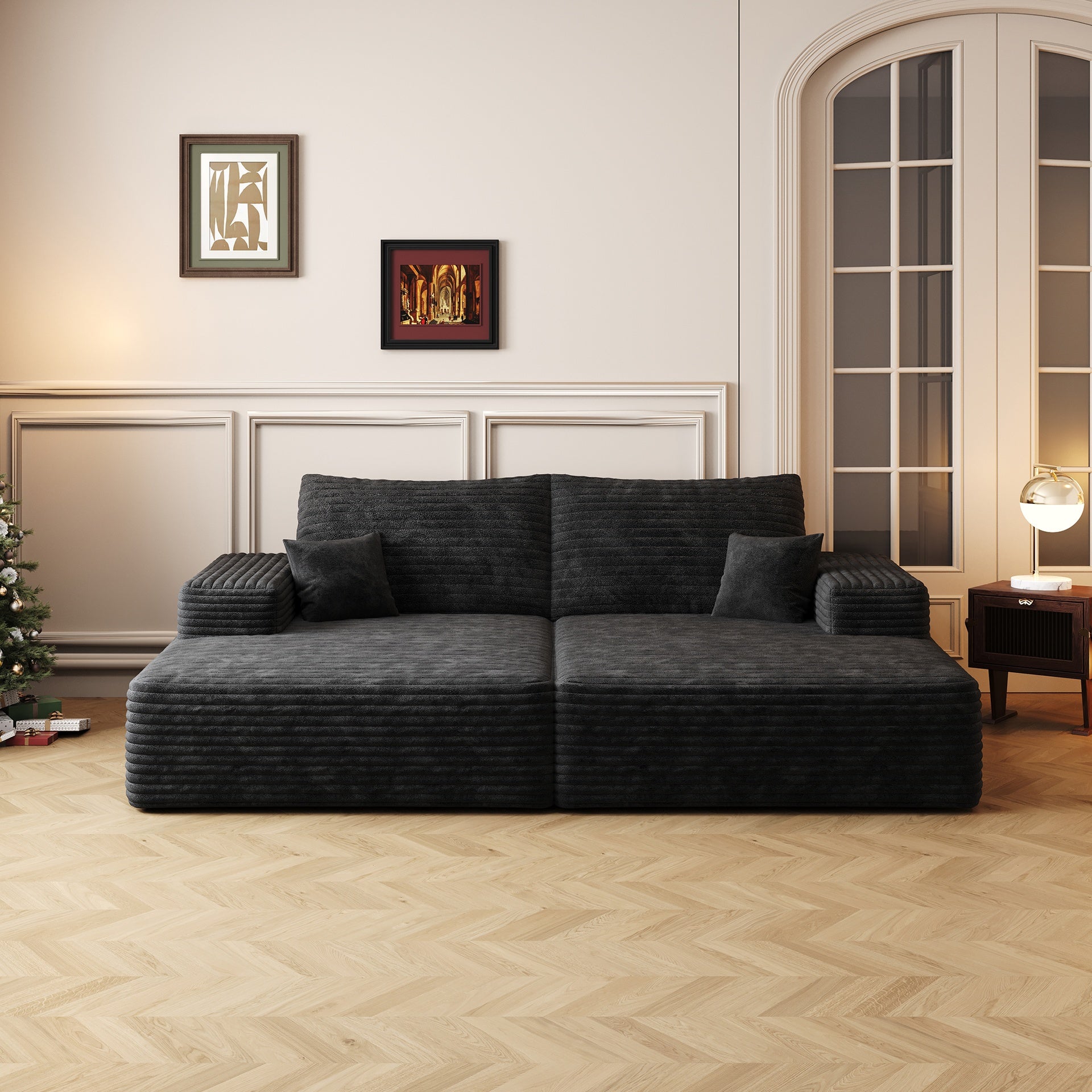 74.8" Modern Sofa bed With Dual sleeper, lounger for moviebonus room,No Assembly Required,Black (Plush Corduroy Fabric)
