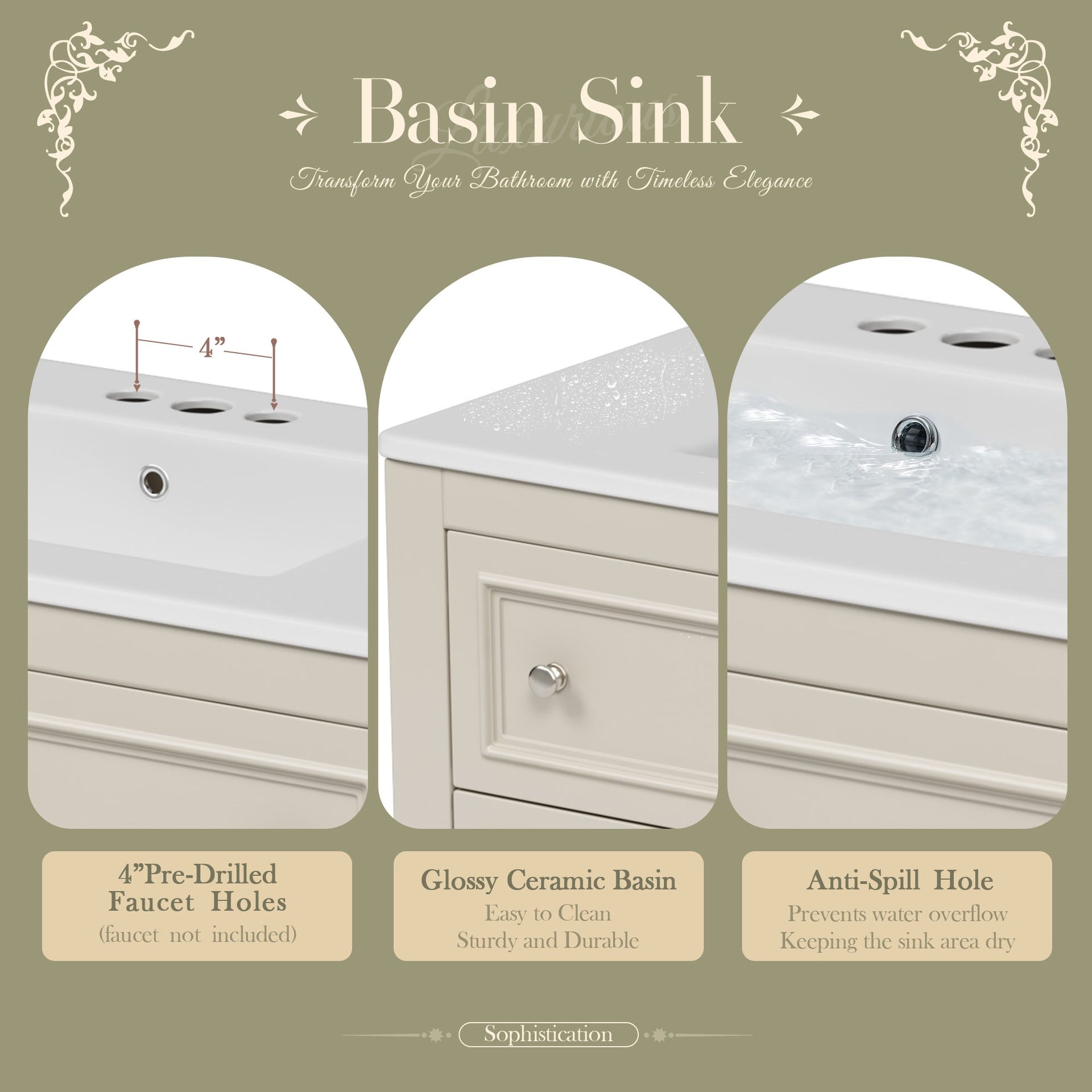 36" Bathroom Vanity Cabinet with Sink Combo Set, Undermount Ceramic Sink, Free Standing Vanity Set with 4 Drawers, Solid Wood Frame Bathroom Cabinet, Beige