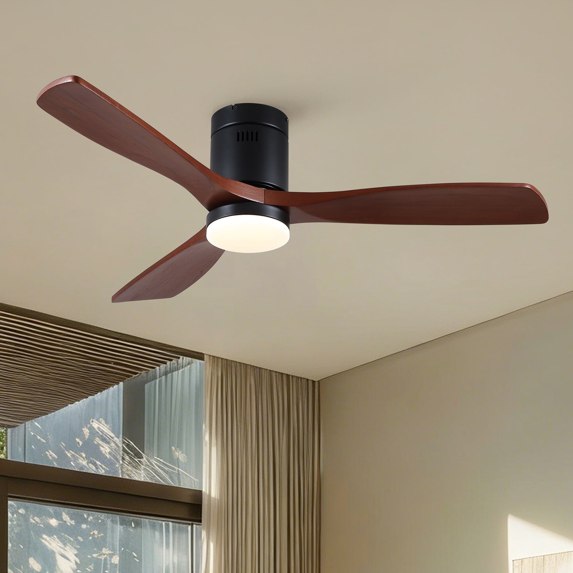 52 inch Mordern Matte Black Farmhouse Retro Solid Wood Low Profile Flush Mount Intergrated LED Ceiling Fan with Light