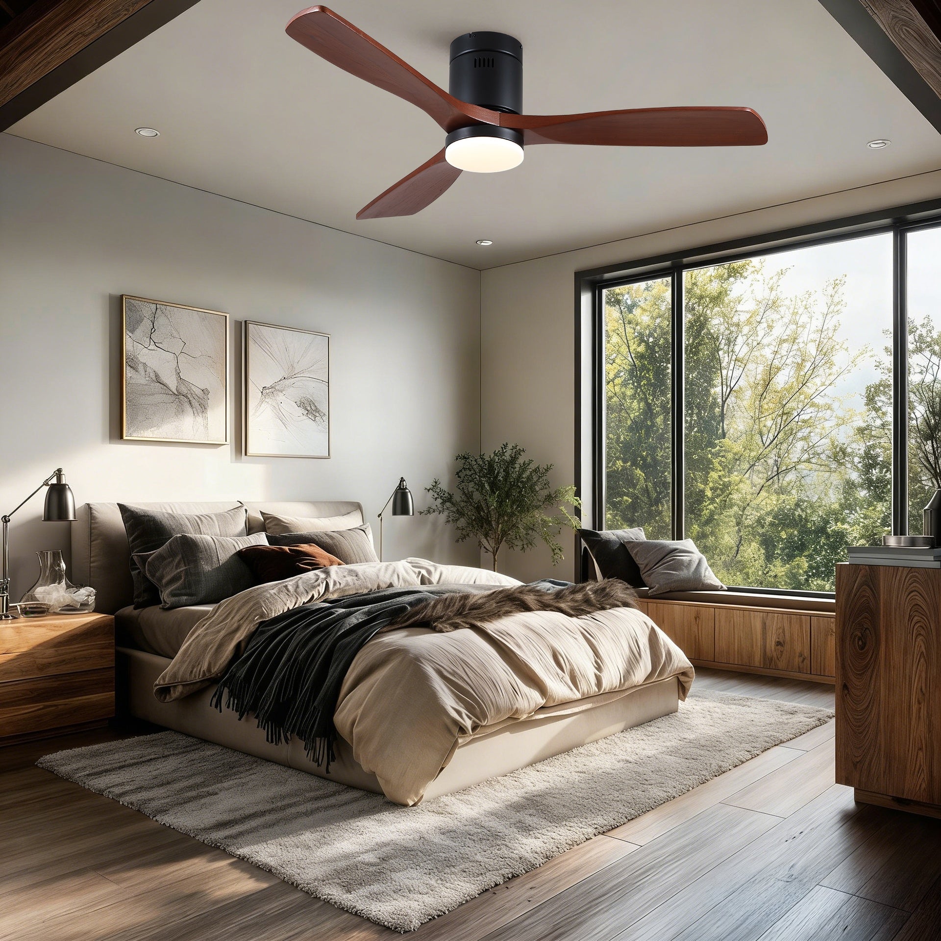 52 inch Mordern Matte Black Farmhouse Retro Solid Wood Low Profile Flush Mount Intergrated LED Ceiling Fan with Light