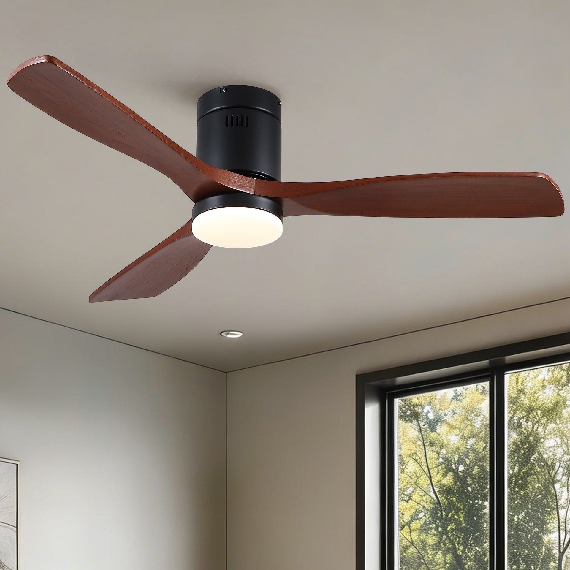 52 inch Mordern Matte Black Farmhouse Retro Solid Wood Low Profile Flush Mount Intergrated LED Ceiling Fan with Light