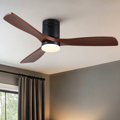 52 inch Mordern Matte Black Farmhouse Retro Solid Wood Low Profile Flush Mount Intergrated LED Ceiling Fan with Light