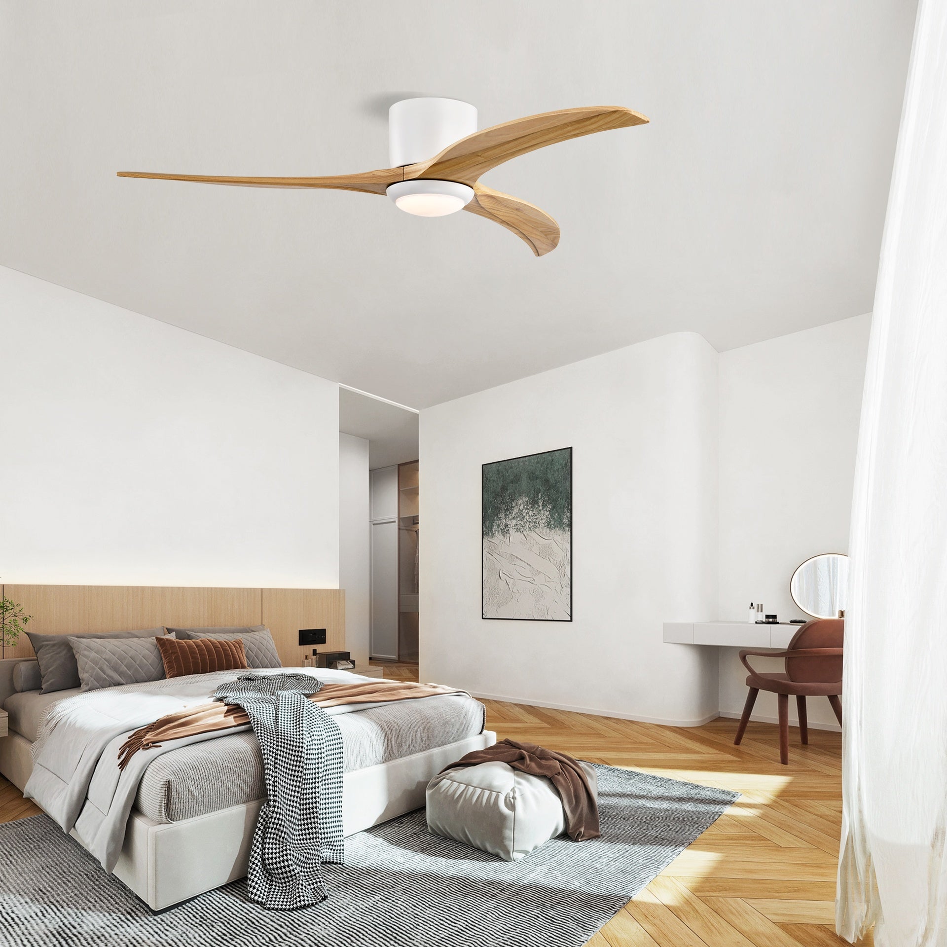 52" Solid Wood Blades Ceiling Fan With Light with Remote Control, Noiseless Reversible Motor, 6 Speed, for Patio Living Room, Bedroom,Indoor. (Matte White +Natural)