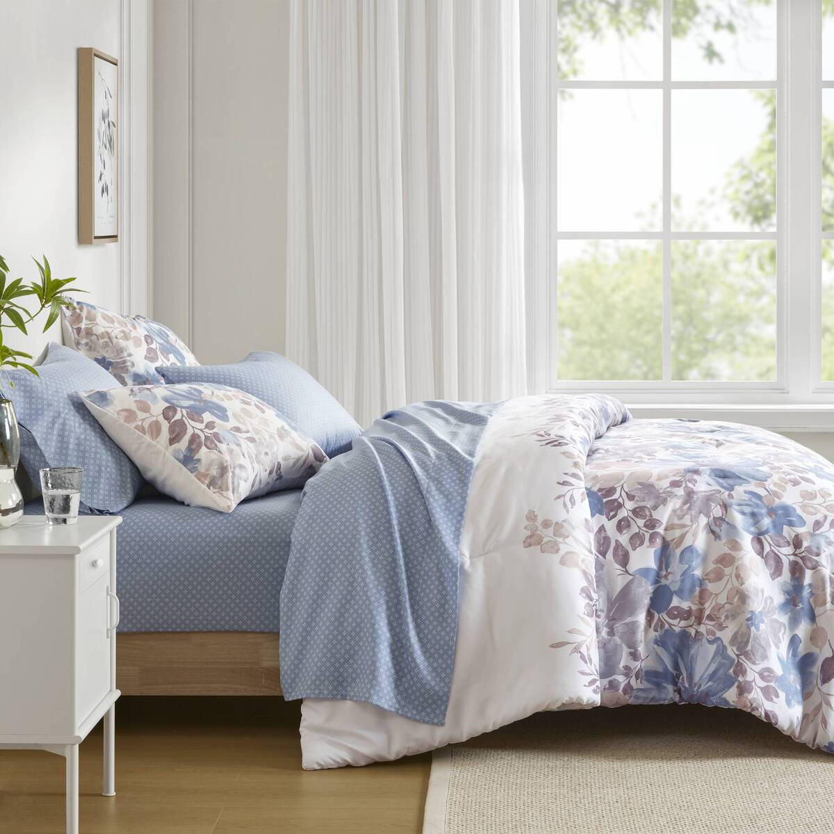 Floral Comforter Set with Bed Sheets Blue Cal King