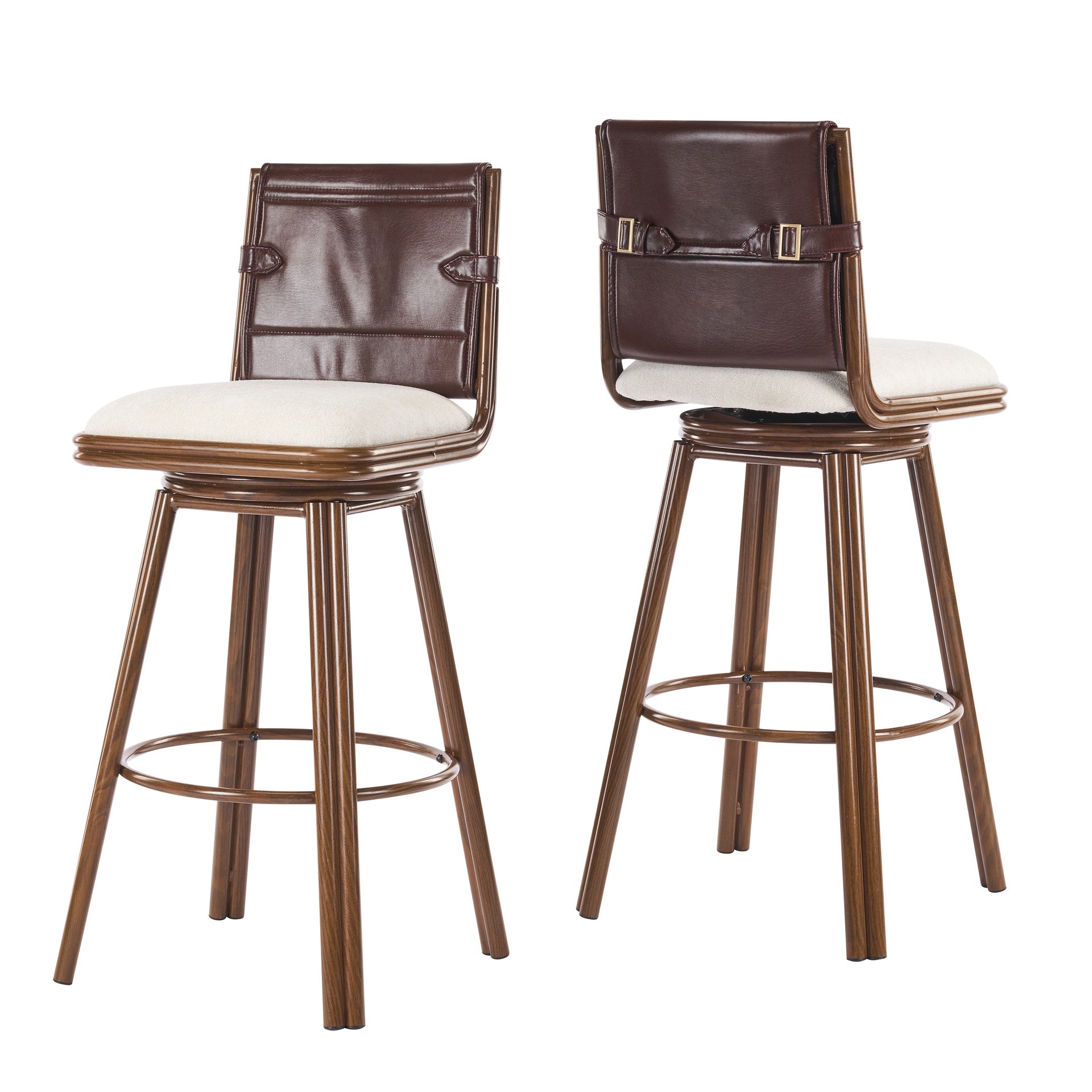 Sibyl Indoor Upholstered Swivel Bar Stool with Metal Frame, Walnut Finish and Beige Upholstery, Set of 2