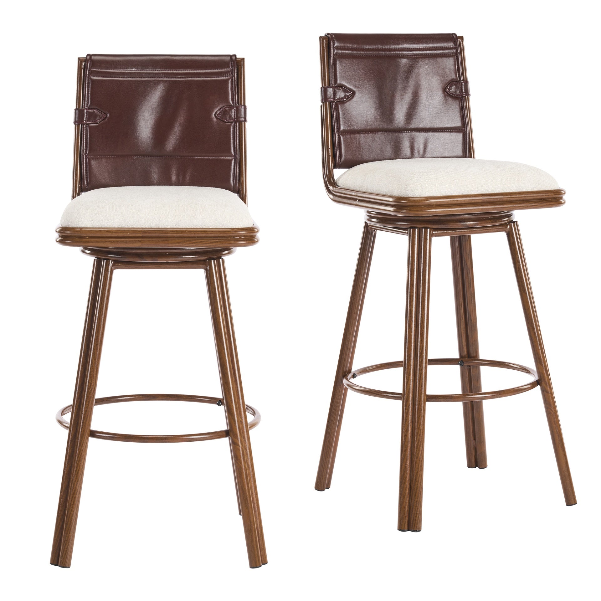 Sibyl Indoor Upholstered Swivel Bar Stool with Metal Frame, Walnut Finish and Beige Upholstery, Set of 2