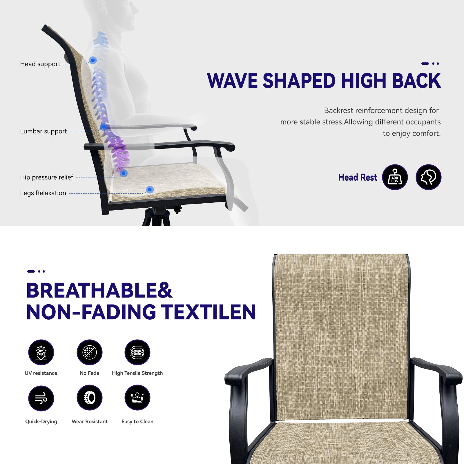 Swivel Dining Chairs Set of 2, Outdoor Swivel Breathable Textilene Patio Chairs Lawn Chairs for Front Porch Backyard Deck