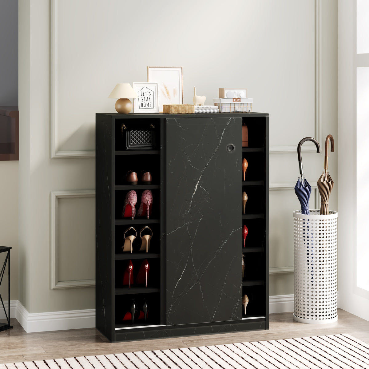 Marble black  shoe cabient with sliding door have 6 layers can storage at least30 pairs shoes