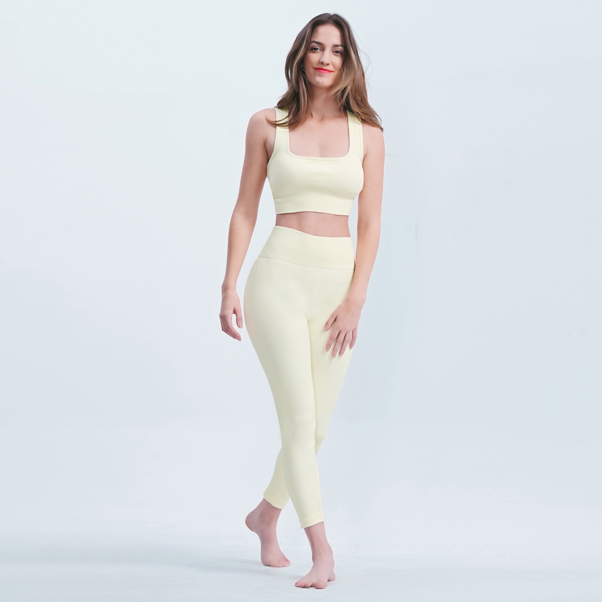 L Size Off-White Yoga Ribbed Knit Crisscross Back Crop Sports Removable Cups, Cute Gym Wear Seamless Sports Bra Exercise Activewear Workout Women's Yoga Pants Leggings Ribbed Solid High-Waisted