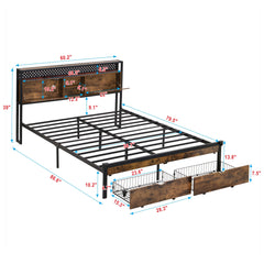 Queen Size Metal Platform Bed Frame with Wooden Headboard and  with Footboard USB,Charging Station,2 Drawers,storage, LED Lights, No Box Spring Needed, Easy Assemble