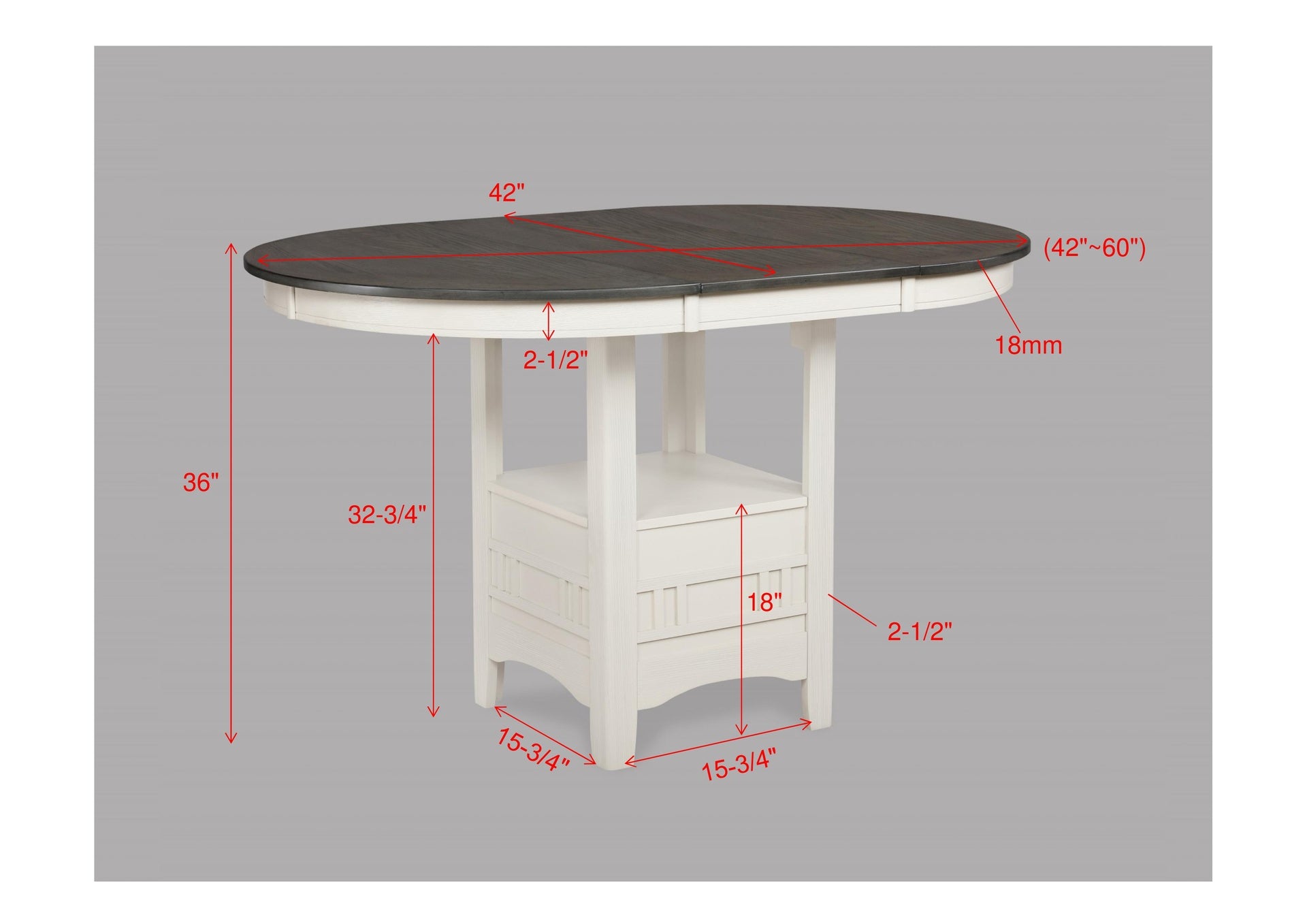1pc Casual Counter Height Kitchen 18" Extendable Leaf Storage Table Pedestal Base Design Wooden Dining Room Two-Tone Finish Chalk Grey