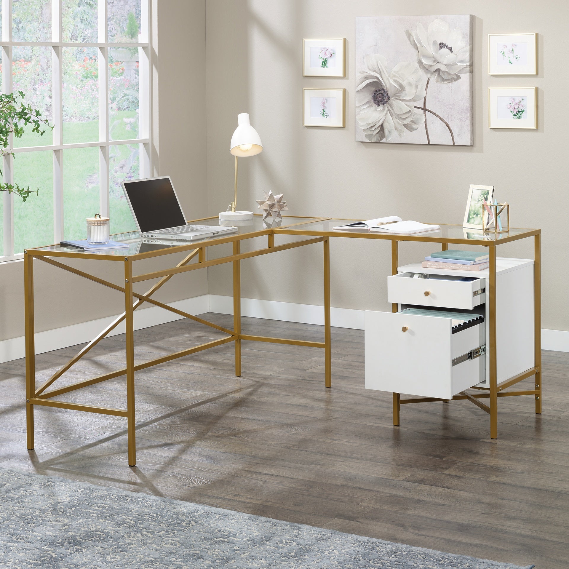 L-Shaped Desk with Glass Top, White finish