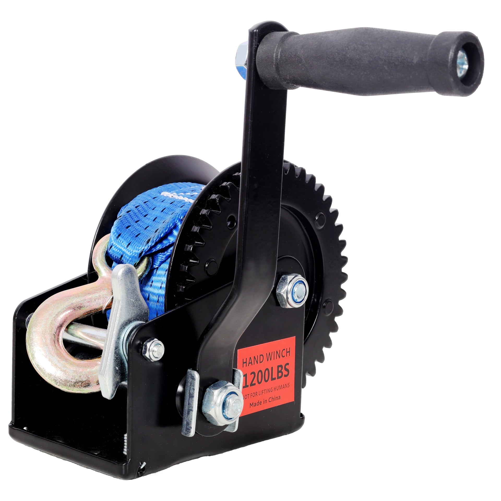 1200LBS Hand Winch,with 19.6FT Blue Strap,Black Shell,4.1:1 Gear Ratio Portable Winch,Two-Way Ratchet,Manual Operated Hand Crank Winch for Trailer, Boat or ATV Towing