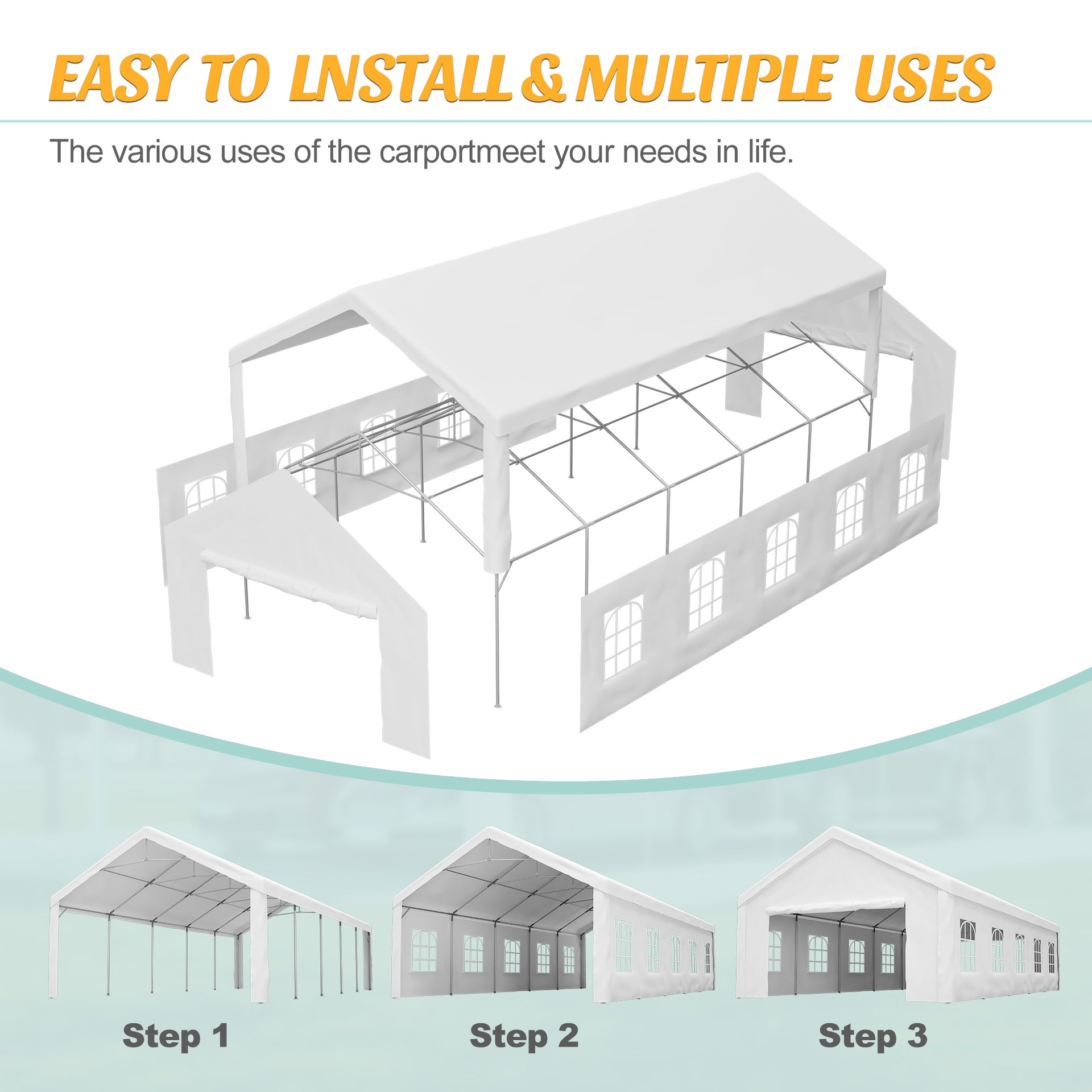 Carport Canopy 16x32 Heavy Duty, Portable Metal Carport Garage with Removable Waterproof Cover & Sidewalls, All Weather Outdoor Shelter for Cars, Trucks, Vehicles & Equipment