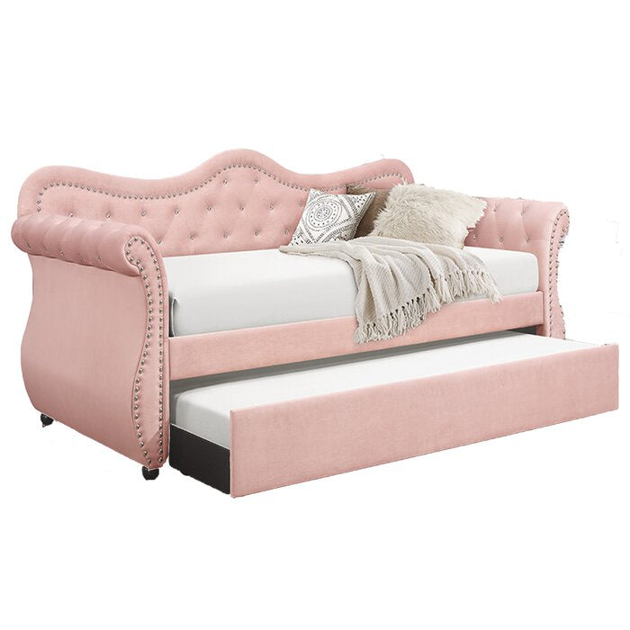 Abby Modern Style Upholstered Velvet Wood Daybed with Trundle in Pink