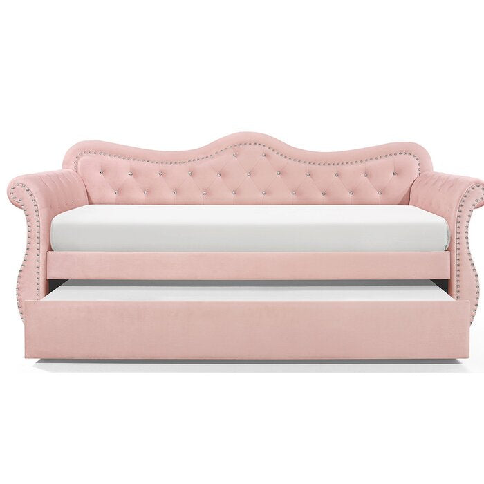 Abby Modern Style Upholstered Velvet Wood Daybed with Trundle in Pink