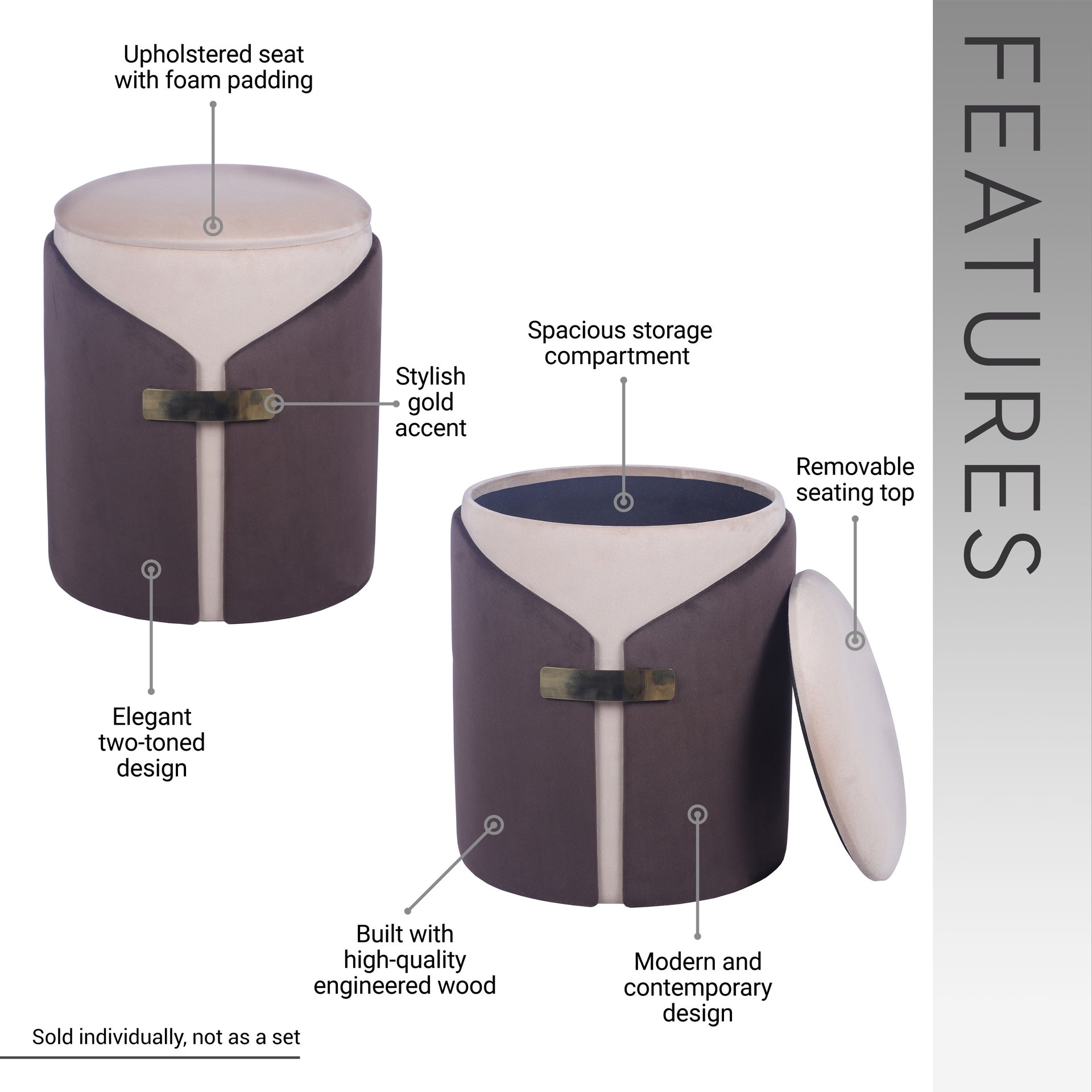 Two-Toned Ottoman with Storage or Vanity Stool, Brown
