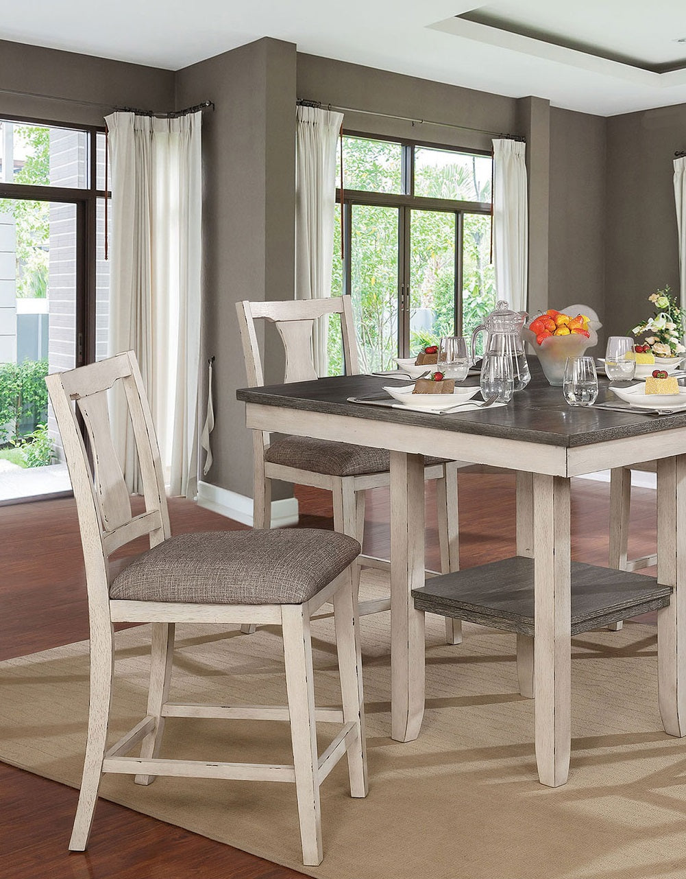 Dining Room Rustic Style Antique White 5pc Dining Set Counter Height Table w Shelf Unique High Chairs Furniture