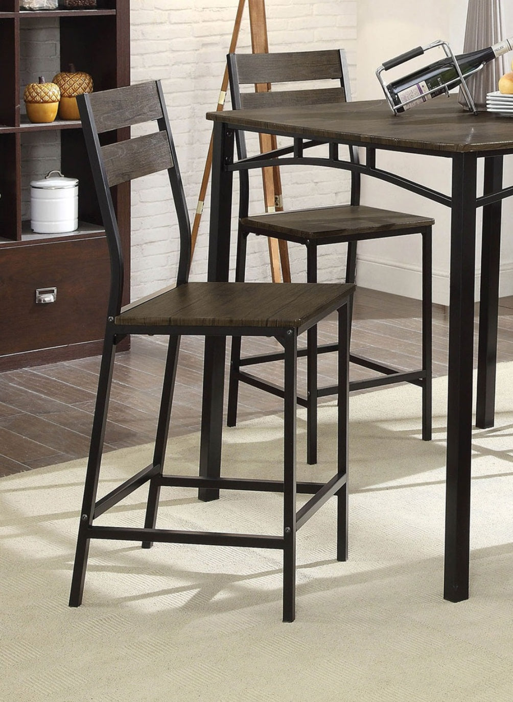 Dining Room Industrial Style Antique Brown 5pc Dining Set Counter Height Table 4x High Chairs Metal